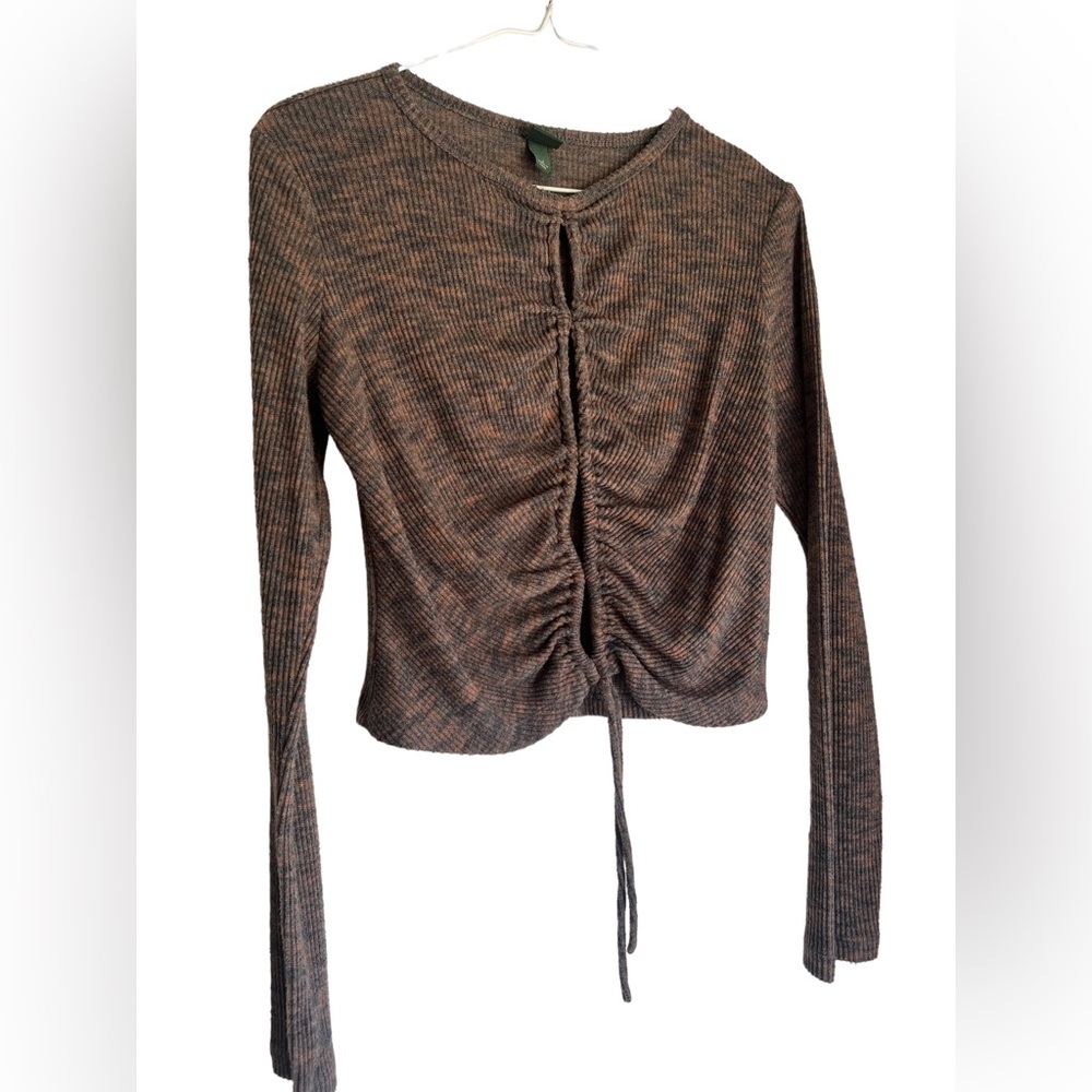 wild fable Space Dye Keyhole Cut Out Shirt Tie Front Long Sleeve Top